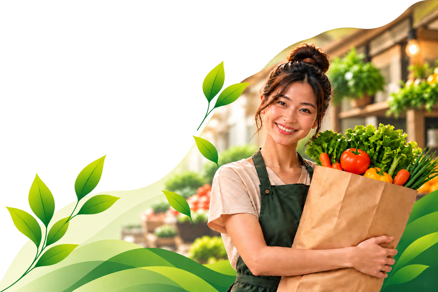 Smiling shopper holding a bag of fresh groceries